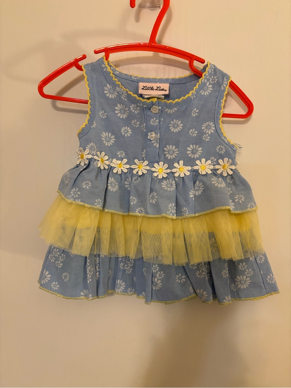 Little Lass Blue Daisy Tulle Tier Dress with Yellow Accents